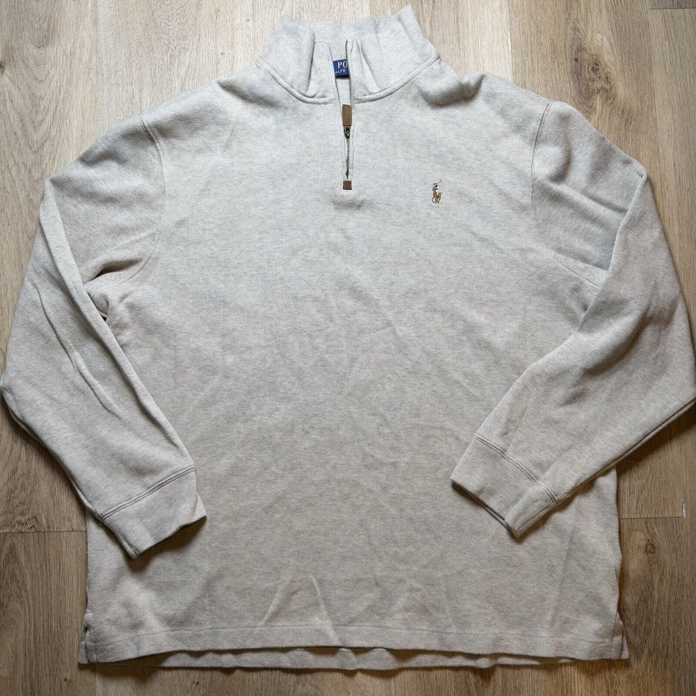 Polo Ralph Lauren Estate Ribbed‎ Cotton Pullover 1/4 Zip Sweater Large Beige L/S